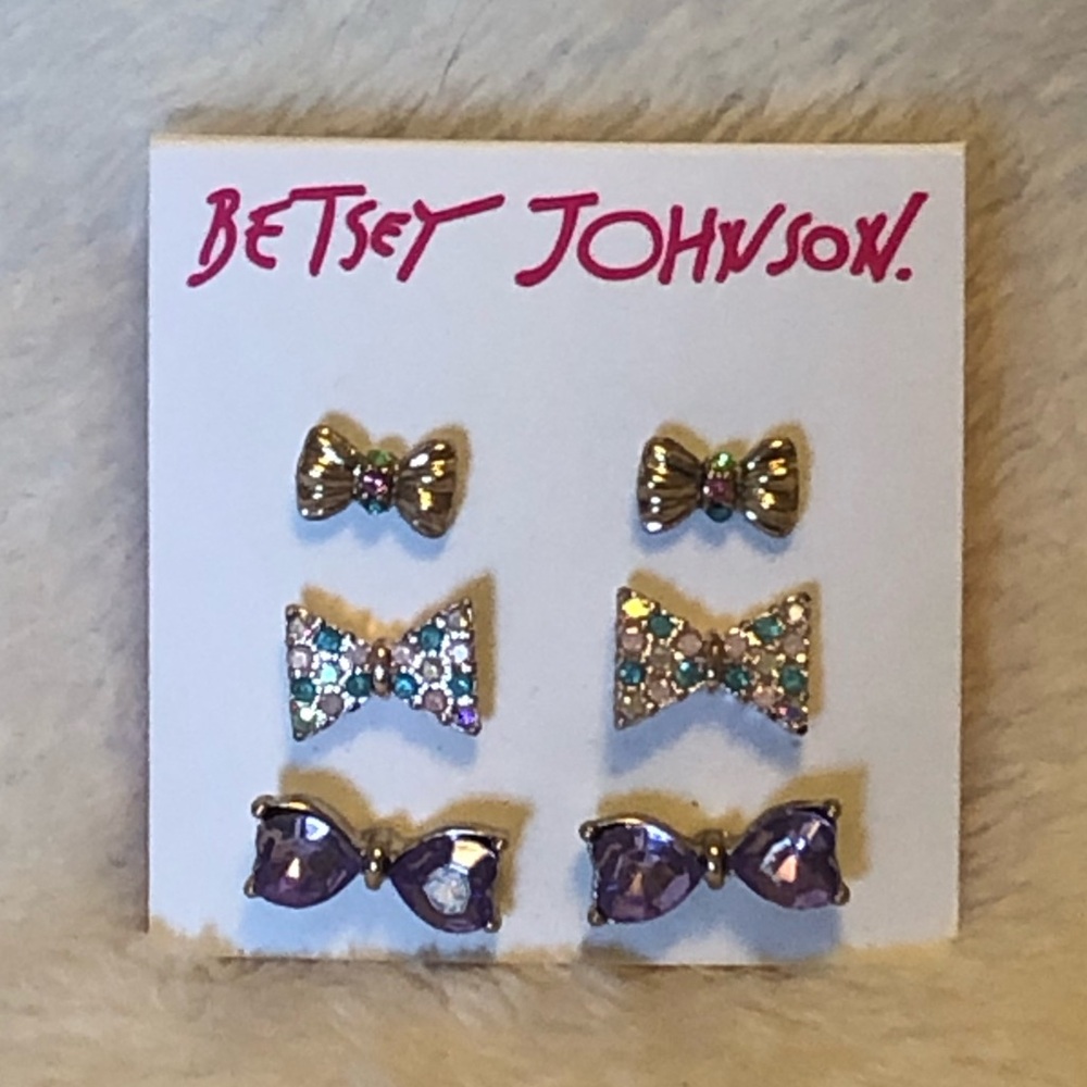Betsey Johnson 'Sweet Shop' Crystal Bow Tie Stud Earrings Set of 3 NWT Beautiful